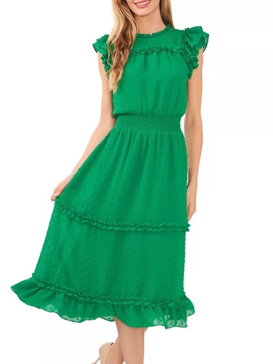 CeCe Dresses & Skirts - CeCe Clip Dot Green Midi Flutter Dress Large